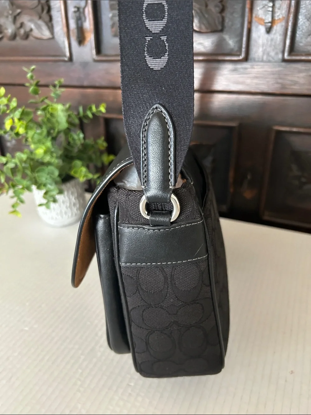 Coach Black Signature Messenger Bag with Branded Strap